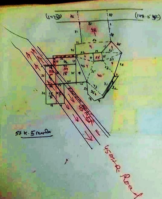 The same field map redrawn on a larger sheet, with a road marked in red running diagonally across the left-hand fields and labelled 45 mtr Road.