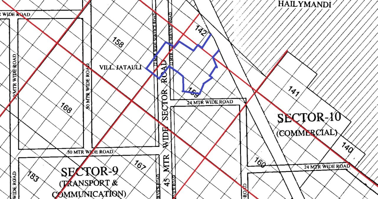 Sector plan drawing showing the parcel outlined in blue beside Jatauli village, between the 45-metre-wide sector road and Sector 10 (Commercial), with Sector 9 (Transport & Communication) to the south-west and Hailymandi to the north-east.